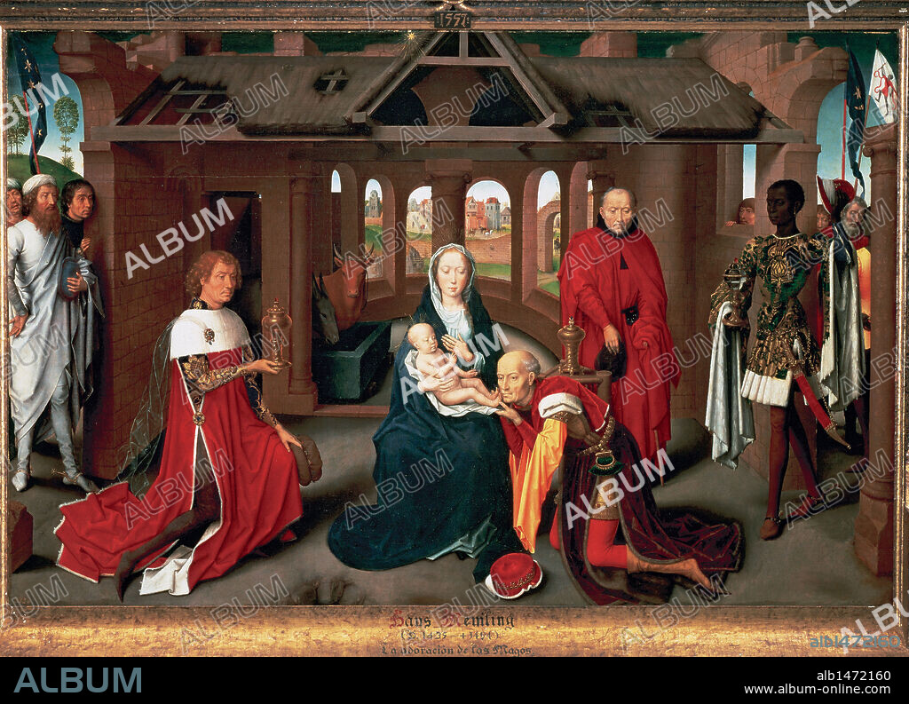 ARTE GOTICO. FLANDES. S. XV. MEMLING, Hans (Selingenstad am Main, h.1435Brujas, 1494). Pintor flamenco. ADORACION DE LOS REYES MAGOS. Los Magos son retratos de los duques de Borgoña Carlos el Temerario (1433-1477) y Felipe III el bueno (1396-1467). Museo del Prado. Madrid. España.