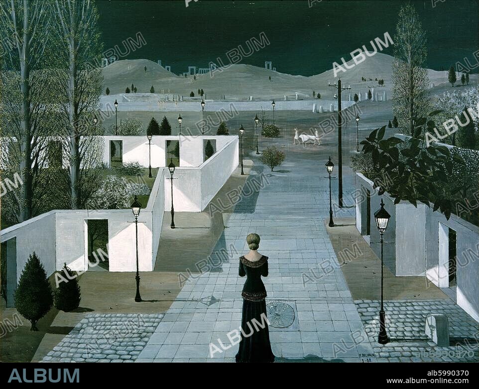 PAUL DELVAUX. Delvaux, Paul 1897-1994. "Landschaft mit Laternen", 1958. Öl auf Isorel, 121,5 x 159 cm. Inv.Nr. GE30DL Dauerleihgabe der Sammlung Batliner.