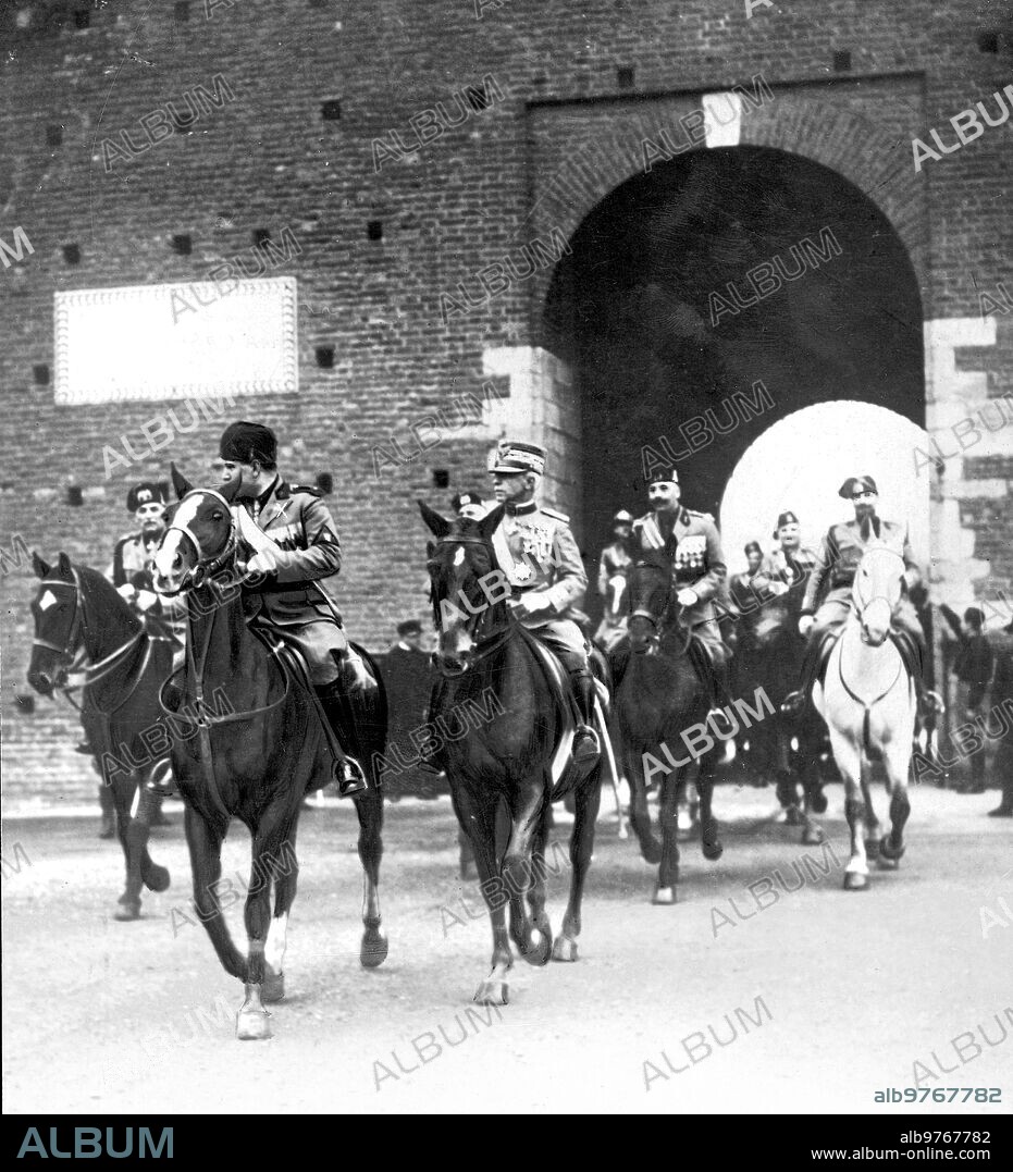 Rome. The commemoration of the Fascist triumph. President Mussolini (X), with his General Staff, leaving the Sforce Castle to attend the Solemnities with which the anniversary of the march towards Rome was celebrated. (photo Porry Pastorel).