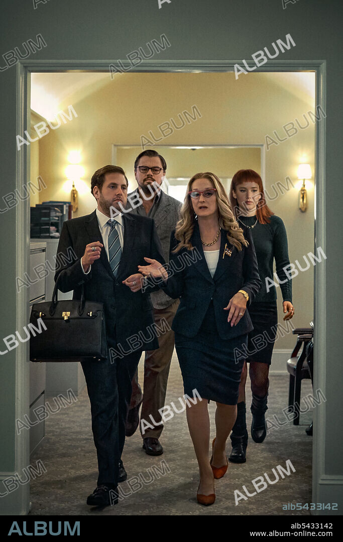 di caprio, JONAH HILL, JENNIFER LAWRENCE and MERYL STREEP. JENNIFER LAWRENCE, JONAH HILL, Leonardo DiCaprio and MERYL STREEP in DON'T LOOK UP, 2021, directed by ADAM MCKAY. Copyright Hyperobject Industries.