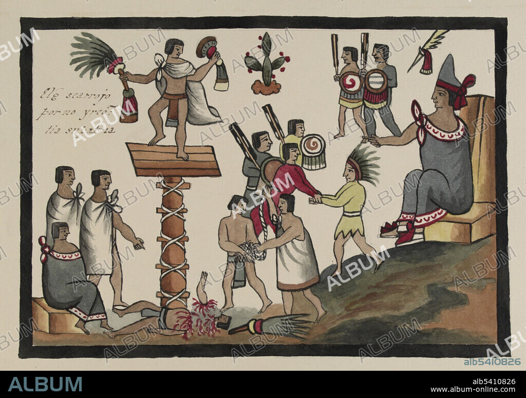 Elg searrojo por no yrco tia su patria. Moctezuma I is shown sitting on his throne pointing at the scene. Below him a soldier in yellow dressed in the feathered headdress of the nobility is being taken prisoner by the soldiers of Chalco. A prisoner dances on a platform while beneath him another prisoner lies with his arm and head severed. At the far left a lord of Chalco sitting on a throne watches the dance with two of his subjects. The hero of this story is Ezhuahuacatl, cousin of Moctezuma, who was offered the chance to become the ruler of the Chalco, but instead he danced on a pole and threw himself off it to his death to save his people from being slaves of the Chalco. In the 14th and early 15th centuries, flower wars were fought between the Chalca and the Aztecs. Chalco was finally conquered by the Aztecs under Moctezuma I in or around 1465, and the kings of Chalco were exiled to Huexotzinco. Illustration taken from a 19th century transcript of Juan de Tovar's Historia de la benida de los yndios apoblar a Mexico (the Co´dice Tovar).