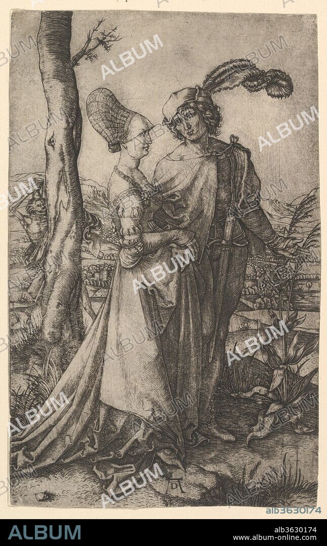 Lord and lady walking with figure of death hiding behind a tree, holding an hourglass, after Dürer. Artist: Marcantonio Raimondi (Italian, Argini (?) ca. 1480-before 1534 Bologna (?)); After Albrecht Dürer (German, Nuremberg 1471-1528 Nuremberg). Dimensions: Sheet: 7 11/16 × 4 13/16 in. (19.5 × 12.2 cm). Date: ca. 1500-1534.