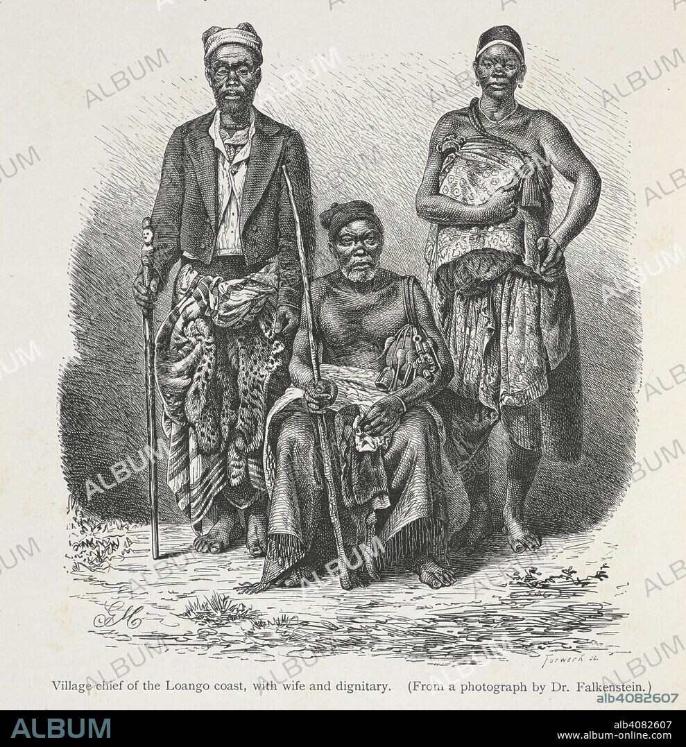 FRIEDRICH RATZELL. Village chief of the Loango coast, with wife and dignitary. The history of mankind / Trans from the second German edited by A. J. Butler. v. 3, 1898. [S.l.] : Macmillan, 1896-1898. Source: 572*3343* vol.1, page 96.