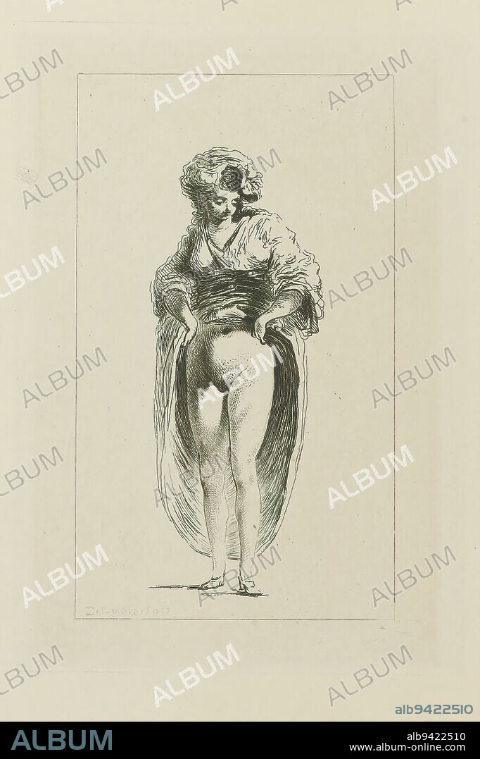Neapolitan woman with raised skirt, L'Oeuvre Priapique (series title), Priapic scenes (series title), Standing woman lifting her skirt to her waist, seen from front., print maker: Dominique Vivant Denon (baron), (mentioned on object), publisher: unknown, Paris, 1787 - c. 1794, paper, etching, height 177 mm × width 116 mm.