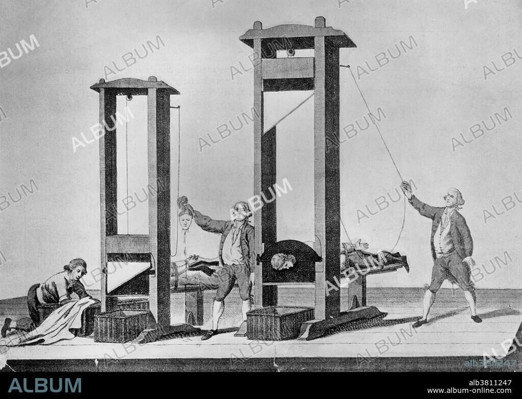 Execution by guillotine in Paris during the French Revolution. The guillotine is a device used for carrying out executions by decapitation. It consists of a tall upright frame from which an angled blade is suspended. This blade is raised with a rope and then allowed to drop, severing the head from the body. The device is noted for long being the main method of execution in France and, more particularly, for its use during the French Revolution. It was first used in the execution of Nicolas Pelletier, a common criminal, on April 25th, 1792. The deadly machine quickly moved on to more famous victims such as Louis XVI, Marie-Antoinette, Charlotte Corday, Danton, Robespierre, and many others.