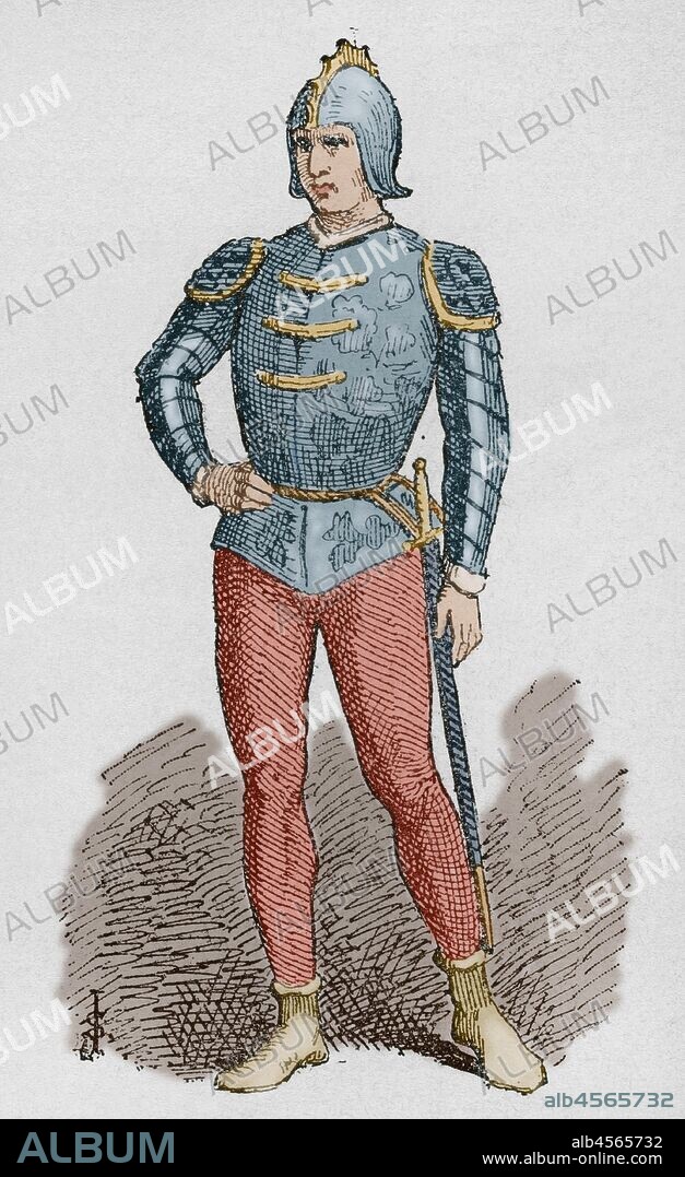Soldado de la Corona de Aragón. Grabado. "Museo Militar del Ejército Español" Tomo I. Evaristo Ullastres Editor. Barcelona, 1883. Coloreado.