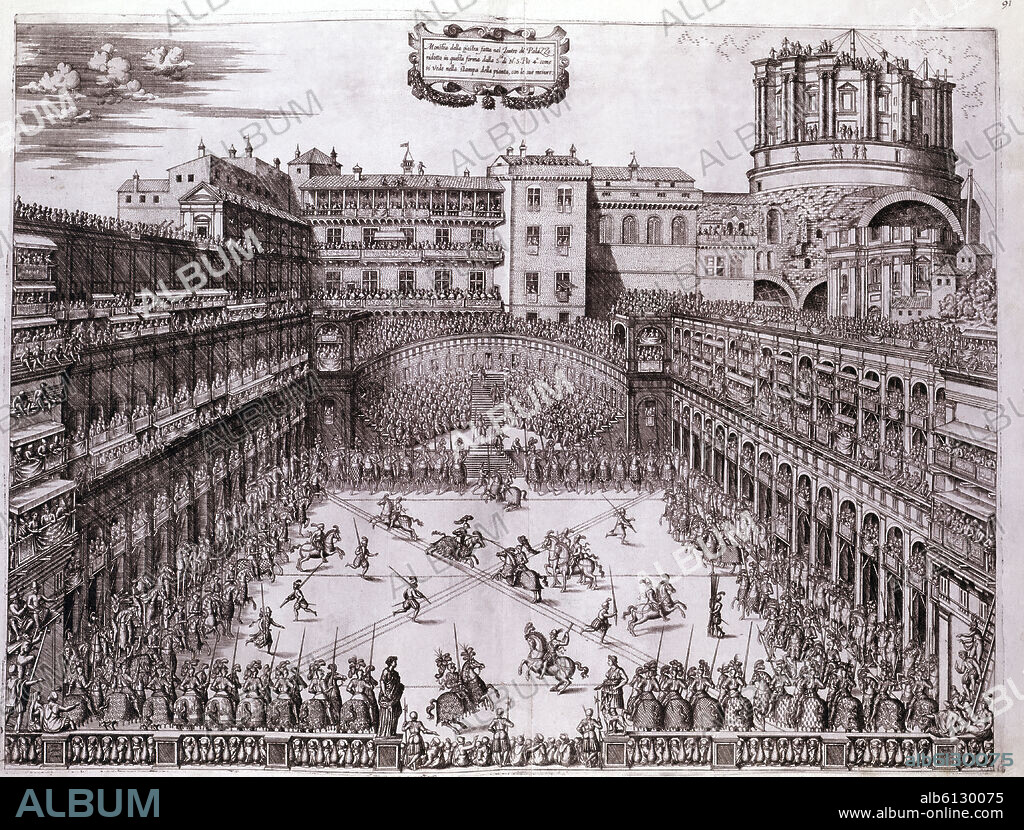 ANTONIO LAFRERI. Book 23-1-18. Tournament at the Vatican in the 15th century. French engraving. 16th century. Library of the Escorial. Madrid.
