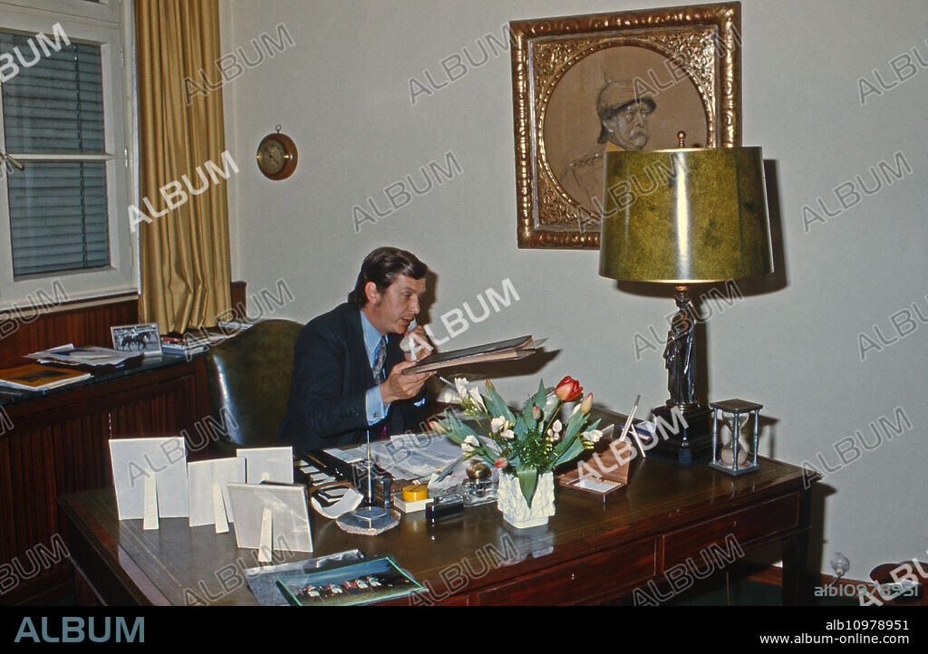 Albert Darboven, owner and CEO of the coffee roasters company, at his desk in Hamburg, Germany 1975.