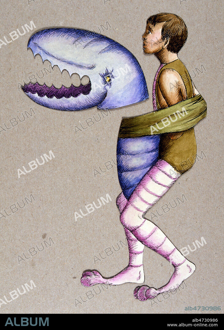 Personnage ligote a un animal monstrueux, en papier decoupe, utilises pour le tournage du film 'La planete sauvage' de Roland TOPOR et Rene LALOUX (= ADAGP tous les deux) , en 1973 (20e, 20eme, XXe s.). Credit : JEAN VIGNE / KHARBINE-TAPABOR.