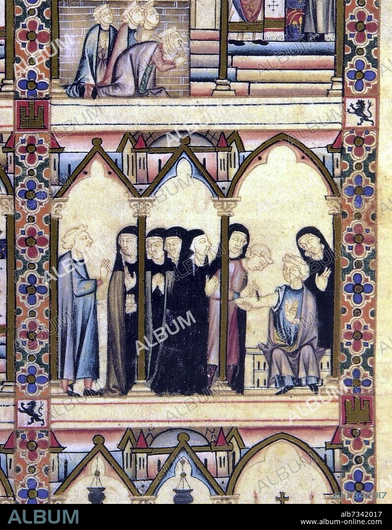 ALPHONSE X DE CASTILLE LE SAGE. MS.B.R.20- "CANTIGA DE SANTA MARIA"-MAN IS CURED IN A CONVENT OF NUNS, 13TH CENTURY.