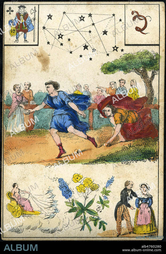Constellation, carte a jouer (Valet de trefle), representantion de la course d'Atalante et Hippomene. Illustration anonyme pour une carte de tarot divinatoire, mi 19eme s. Credit : Collection IM/KHARBINE-TAPABOR.