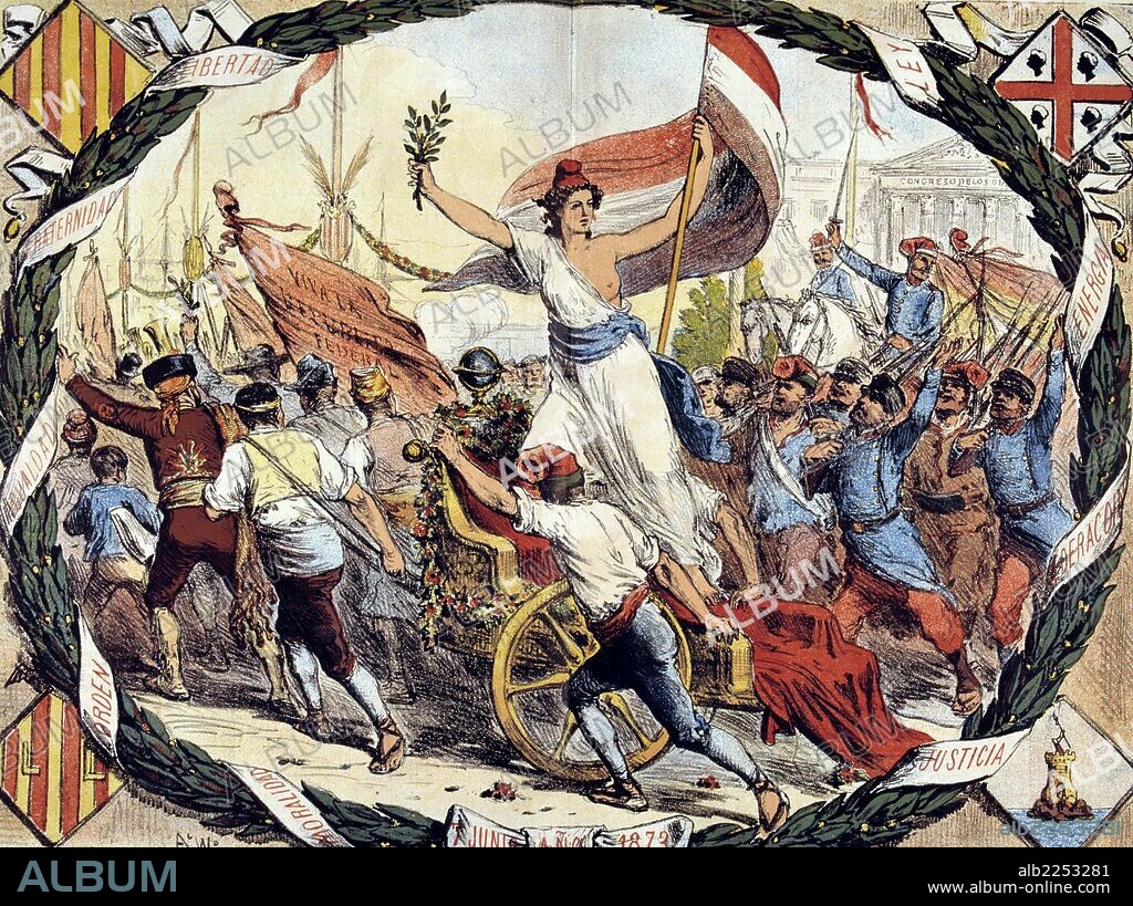 PRIMERA REPUBLICA 1873-1874. ESPAÑA. ALEGORIA ( A LA FRANCESA ) DE LA REPUBLICA ESPAÑOLA , 1873. REVISTA LA FLACA , BARCELONA 1873.