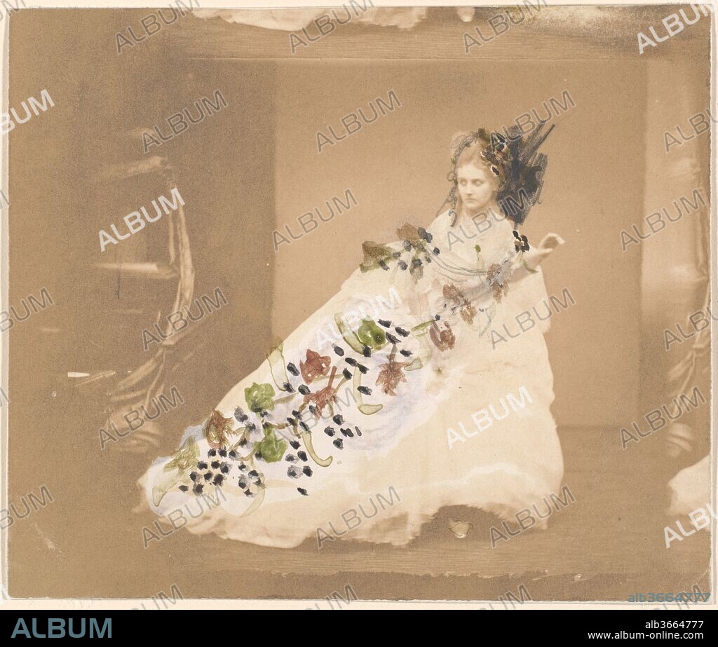 La Frayeur. Artist: Pierre-Louis Pierson (French, 1822-1913). Dimensions: 12.7 x 15.1 cm (5 x 5 15/16 in.). Date: 1861-67.
A study for a large painted version, this photograph was summarily retouched by the countess with instructions (on the back) suggesting that the composition was intended to set off her elegant attitude and majestic gown: "The remains of a ball where fire has broken out. A chandelier on the floor, everyone in flight. Shining white satin gown, black and red grapes with dark green and red leaves.
