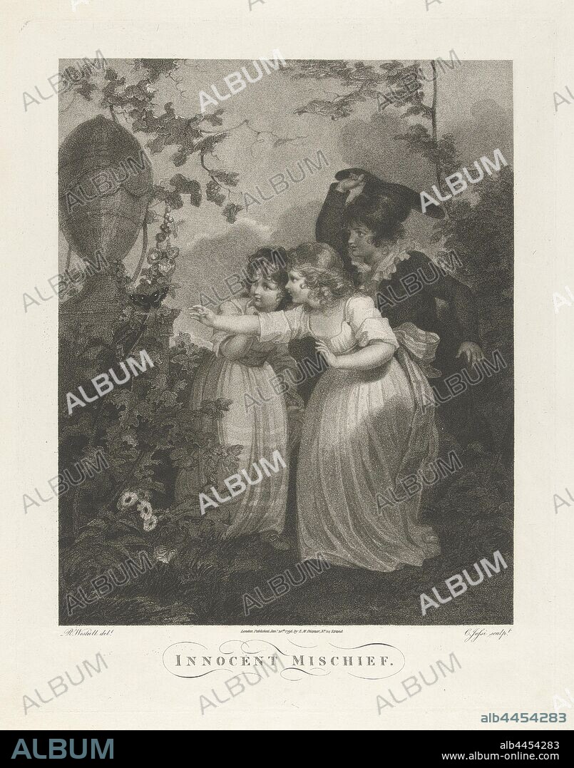 Garden with naughty children Innocent Mischief. (title on object), A girl tries to grab a butterfly, another girl watches. A boy wants to scare the butterfly away, mischief-making play, Christiaan Josi (mentioned on object), London, 1796, paper, engraving, h 459 mm × w 354 mm.