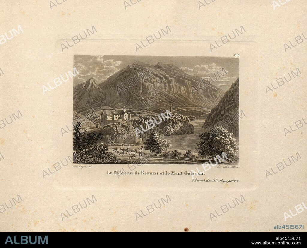 Rezuns Castle and Mount Galanda, Rhäzuns Castle overlooking the Calanda, Signed: J. J. Meyer, Chr. Meichelt, pl. 4, Meyer, Johann Jakob (del.); Meichelt, Chr. (sc.), 1826, Johann Jakob Meyer, Johann Gottfried Ebel: Meyer’s Bergstrassen durch Graubünden nach dem Langen- und Comer-See. Mit Einleitung u. Erklärung von Herrn Doctor J. G. Ebel. [Zürich: J. J. Meyer, 1826].