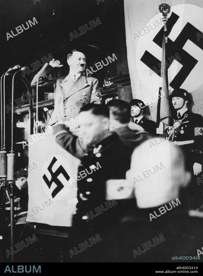 Adolf Hitler at a Nazi rally at Nuremberg, Germany, 1930s. The Nazi Party held annual political rallies at Nuremberg from 1927 until 1938. After the Nazis claimed power in 1933 the rallies became massive state propaganda events.