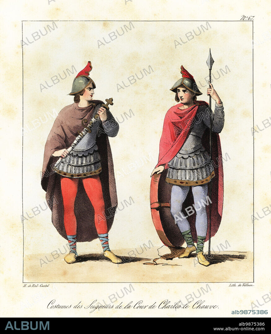 Costumes of Frankish lords at the court of Charles the Bald, 9th century. In helmets, cloaks, armour, hose, with sword, lance and shield. From an illuminated manuscript showing Charles the Bald receiving the Vivian Bible. In the Vivian Bible or First Bible of Charles le Chauve, 845. Costumes des Seigneurs de la Cour de Charles le Chauve. Handcoloured lithograph by Villain after an illustration by Horace de Viel-Castel from his Collection des costumes, armes et meubles pour servir à l'histoire de la France (Collection of costumes, weapons and furniture to be used in the history of France), Treuttel & Wurtz, Bossange, 1827.