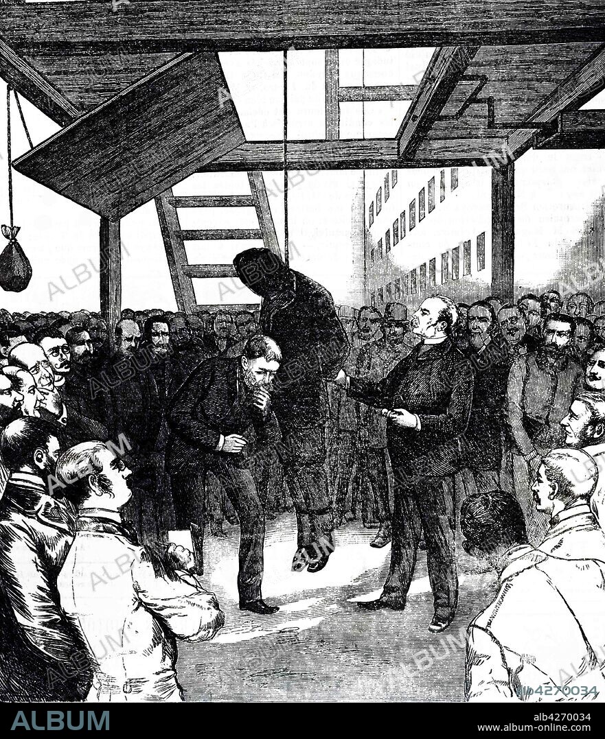 An engraving depicting the execution of Charles J. Guiteau (1841-1882) an American writer and lawyer convicted of the assassination of James A. Garfield, the 20th president of the United States. Dated 19th century.