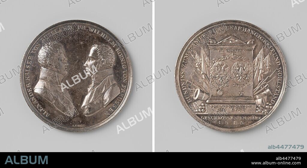 Treaty of Kalisch and Breslau, in honor of Alexander I, Tsar of Russia and Frederick William III, King of Prussia, Silver Medal. Obverse: facing chest pieces of two men within a band. Reverse: monument, whose frieze carries two joined hands, middle part two with coat of arms hanging around coats of arms, and basic inscription in the middle of weapon within an inscription, cut off: inscription, Wroclaw, Kalisz, Alexander I (Tsar of Russia), Frederick William III King of Prussia, Daniel Friedrich Loos, Berlin, 1813, silver (metal), striking (metalworking), d 4.4 cm × w 27.19 gr.