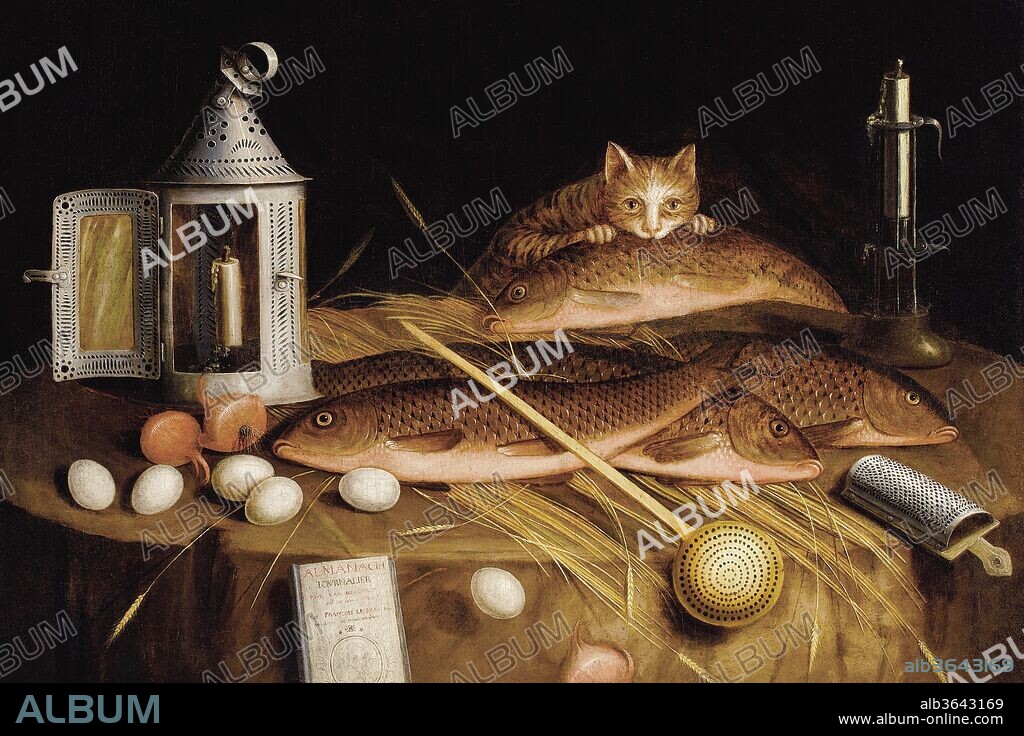 The still-life painter Sebastian Stoskopff (1597-1657), whose work inspired the present painting, was a native of Strasbourg. His still lifes forged an interesting blend of influences from the Hanau/Frankfurt schools (notably the work of Georg Flegel) and from Paris, where he had lived and worked from 1622 to 1639. Stoskopff's paintings are characterized by a strongly geometric ordering of space, in which objects are arranged with great clarity, often against rich, dark backgrounds. His works often feature one or more vanitas elements--a skull, a well-thumbed book, or a burning candle that will soon be snuffed out--each one of them reminders of the temporary nature of human existence. Stoskopff was fond of painting demanding textural effects, particularly folds and tears in paper as well as both typeset and manuscript pages. He also painted dated pages from almanacs--devices through which he dated his paintings. Like the present work, probably by a provincial Lyonnais artist who fell profoundly under Stoskopff's spell, Sebastian Stoskopff included a page from a 1630 almanac in one of his best-known paintings, a Vanity still life in the collection of the Kunstmuseum, Basel., Sebastian Stoskopff, 1650.