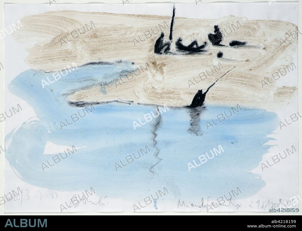 MIQUEL BARCELÓ. Miquel Barceló / 'Pescadores en el río Gao Mali', 1988-1889, Técnica mixta sobre papel, 29,5 x 41,5 cm.