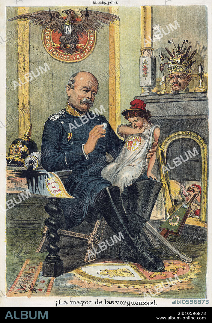 España. Siglo XIX. Dibujo satírico alusivo a la política española. El canciller alemán Bismarck intentando conseguir la alianza con la república española. Interior de la revista La madeja política, editado en Barcelona, septiembre de 1874.