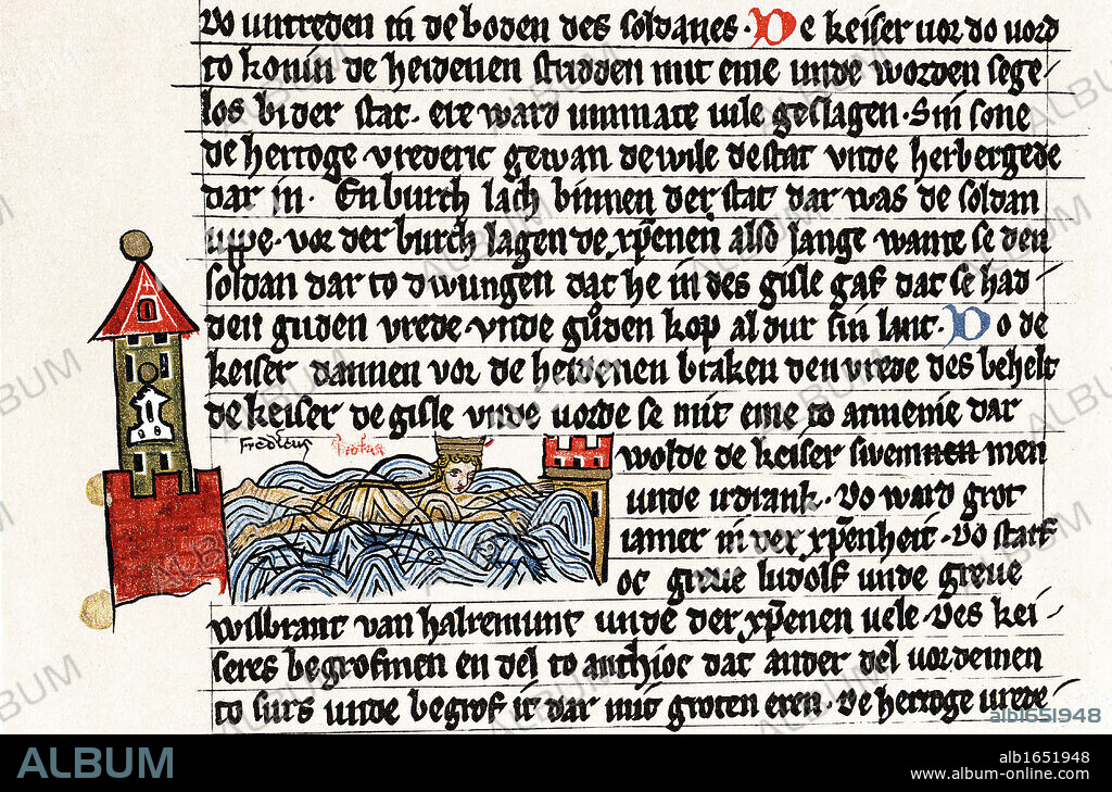 Frederick I (Barbarossa) c1123-1190 Holy Roman emperor from 1152. Death of Barbarossa who drowned trying to cross River Saleph in Cilicia. Gotha manuscript of the Saxon Chronicle, 2nd half of 13th century.