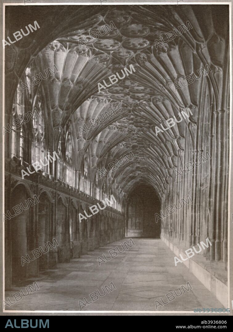 'The Scriptorium, Gloucester', 1919. The foundation stone of the cathedral was laid in 1089 and the church was consecrated in 1100. It did not actually become a cathedral until 1541, having previously been within the see of Worcester. The building is notable for its 225 foot high bell tower and its cloisters, the ceiling of which includes the earliest example of fan vaulting in England. The Cathedral is also famous as a location for the Harry Potter films. Image printed with Mander Brothers' inks by The Arthur Cox Illustrating Co. Ltd. From The British Printer Vol. XXXI. [Raithby, Lawrence & Co., Ltd, London and Leicester, 1919].