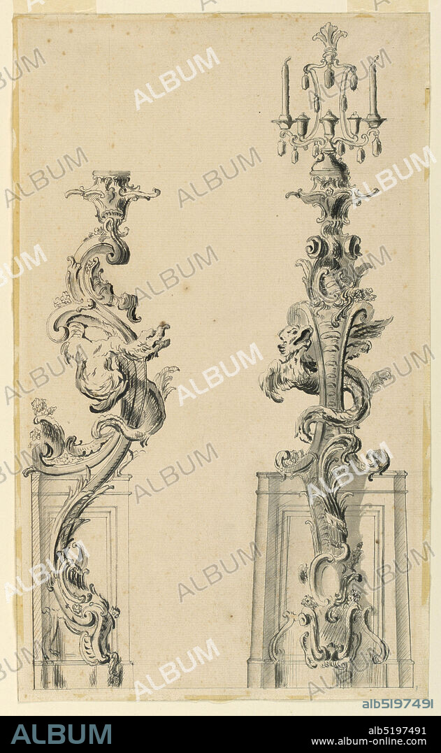 Design for a Candle Bracket, Pen and ink, brush and wash on laid paper, Left, incomplete, side elevation; right, front elevation. The shaft is attached to, and arises from, a convex panel. The shaft itself, consisting of rocaille motifs, and of a dragon supports a scaffolding with two candles., France, ca. 1740, lighting, Drawing, Drawing.