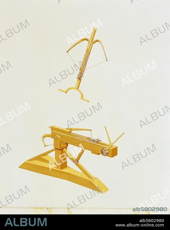 Militär / Waffen / Katapulte u. Balliste. Antike: Mechanische Armbrust, die griechische Gastraphetes, erstes Katapult, um 400 v. Chr. (oben) (Rekonstruktion nach E.W. Marsden) und die Weiterentwicklung der Gastraphetes, bei der bereits zwei Pfeile abgeschossen werden konnten. Aquarelle von Peter Connolly (1935-2012).