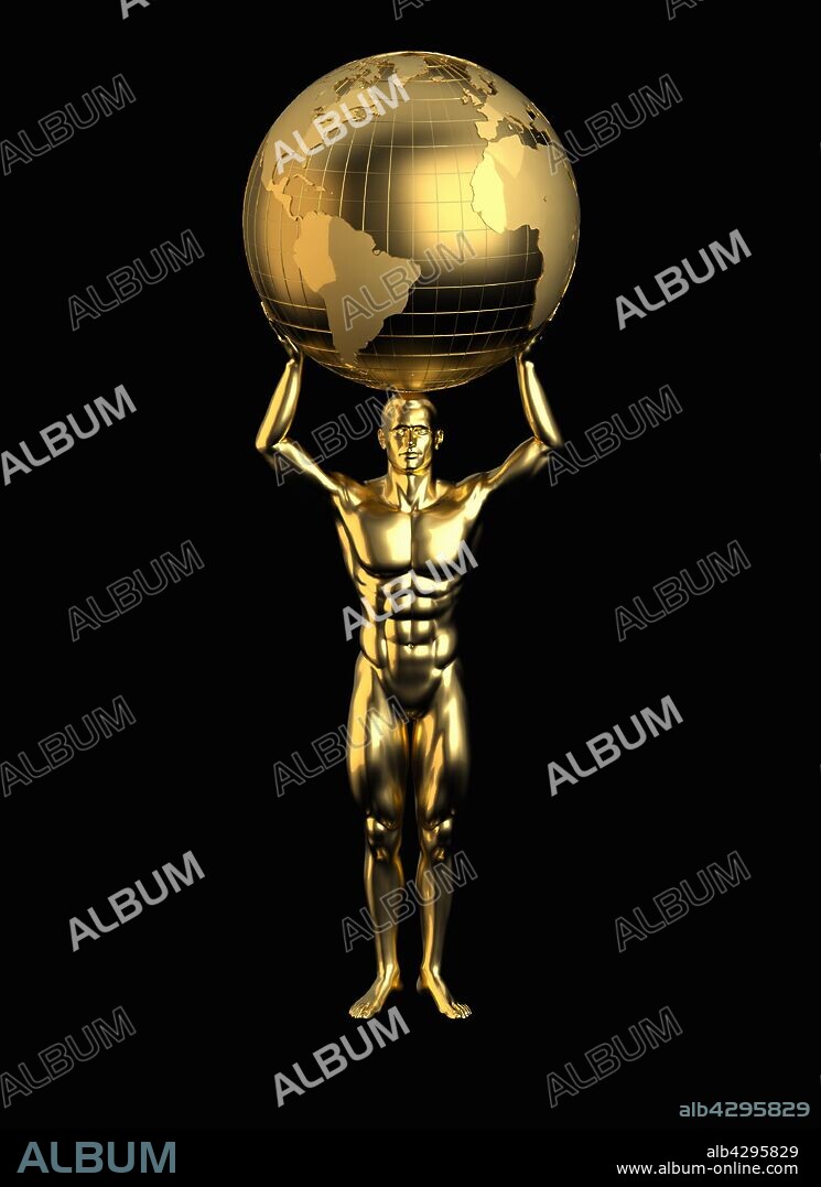 Gold statue of man holding world above head.