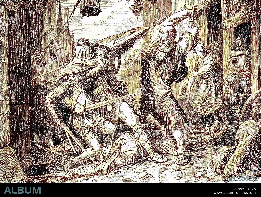 The blacksmith of Aachen, Germany. Der Schmied von Aachen, Wehrhafter Schmied ist eine legendare Aachener Figur, digital improved reproduction of an original print from the year 1881, Koloriert, Kolorierung, koloriert, handkoloriert, Hand-colouring, hand coloured, colored.