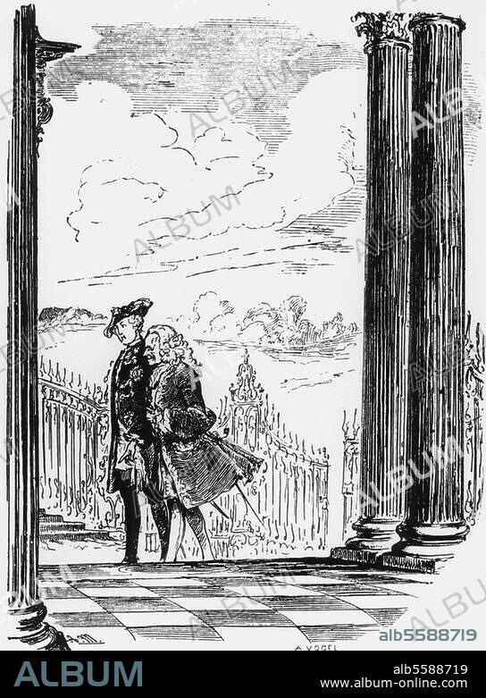 ADOLPH VON MENZEL. Friedrich II. (der Große), König von Preußen (1740-86); 1712-1786. Friedrich der Große und Voltaire unter den Kolonnaden von Sanssouci. Holzstich, gezeichnet von Adolph Menzel. (1815-1905). Aus: Franz Kugler, Geschichte Friedrichs des Großen, Leipzig. (J.J.Weber) 1840.