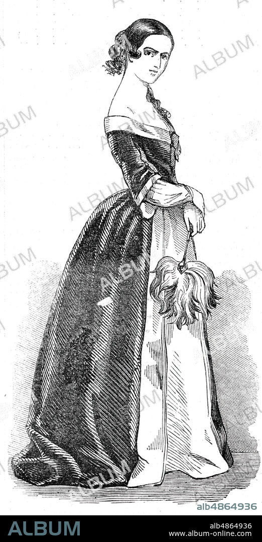 Mrs. Warner, as Emilia, in "Othello", 1844. British actor and theatre manager Mary Warner on stage at Sadler's Wells in London. 'Mrs. Warner is well known as a favourite actress...Long may the subject of our sketch enjoy her present profitable and honourable position! We represent her in the character of Emilia'. From "Pictorial Times", 1844.
