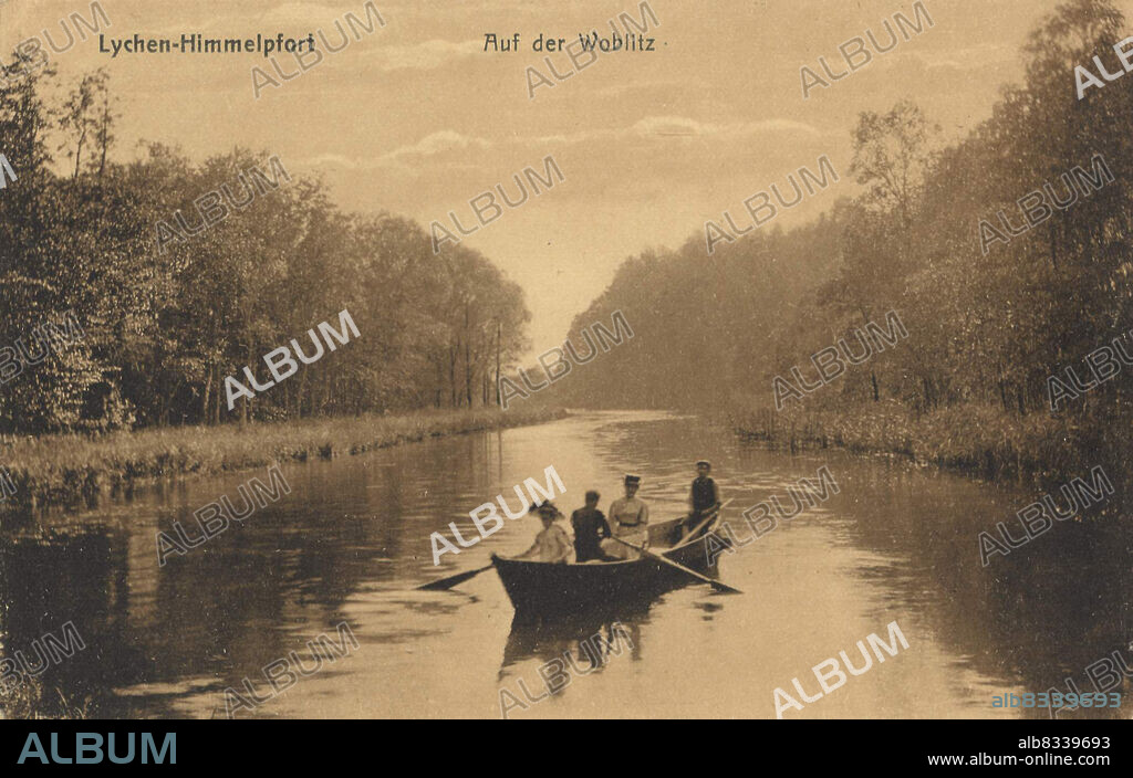 Auf der Woblitz in Lychen - Himmelpfort, Landkreis Uckermark im Norden von Brandenburg, Deutschland, Ansicht um ca 1910, digitale Reproduktion einer historischen Postkarte, public domain, aus der damaligen Zeit, genaues Datum unbekannt.