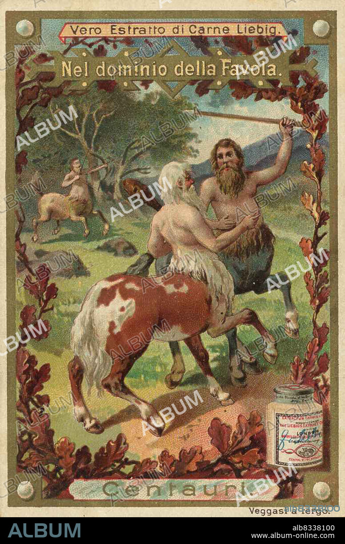 Serie Im Reich der Fabel, Zentaurus, Pferdmensch / Series In the Realm of Fable, Centaurus, Horseman, digital improved reproduction of a collectible image from the Liebig company, estimated from 1900, pd / digital verbesserte Reproduktion eines Sammelbildes von ca 1900, gemeinfrei.