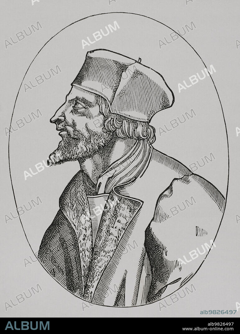 Jan Huss (1369-1415). Teólogo y filósofo checo. Reformador excomulgado en 1410 por propagar las doctrinas de Wycliffe. En 1414 asistió al Concilio de Constanza, donde fue juzgado y condenado a la hoguera por hereje. Este hecho desató la sublevación de sus seguidores, los husitas (1419-1434). Retrato. Grabado. "Vie Militaire et Religieuse au Moyen Age et à l'Epoque de la Renaissance". París, 1877.