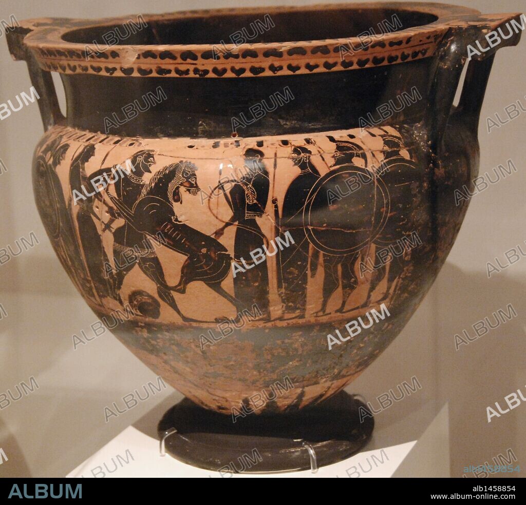 ARTE GRIEGO. CRATERA pintada con FIGURAS NEGRAS representando uno de los DOCE TRABAJOS DE HERCULES. PRIMER TRABAJO: MATAR AL LEON DE NEMEA Y TOMAR SU PIEL. Procede de Thespiai. Realizada por el Pintor del Louvre. Datada entre 550-540 a. C. Museo Arqueologico Nacional. Atenas. Grecia.