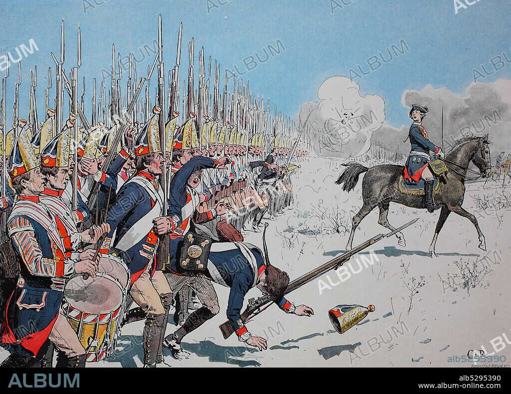Seven Years' War, global conflict fought between 1756 and 1763, the Battle of Leuthen, 4. December 1757, the prussian troops  /  Siebenjähriger Krieg, weltweiter Konflikt zwischen 1756 und 1763, Schlacht bei Leuthen, 4. Dezember 1757, preußische Truppen, digital improved reproduction of an original from the 19th century / digitale Reproduktion einer Originalvorlage aus dem 19. Jahrhundert.