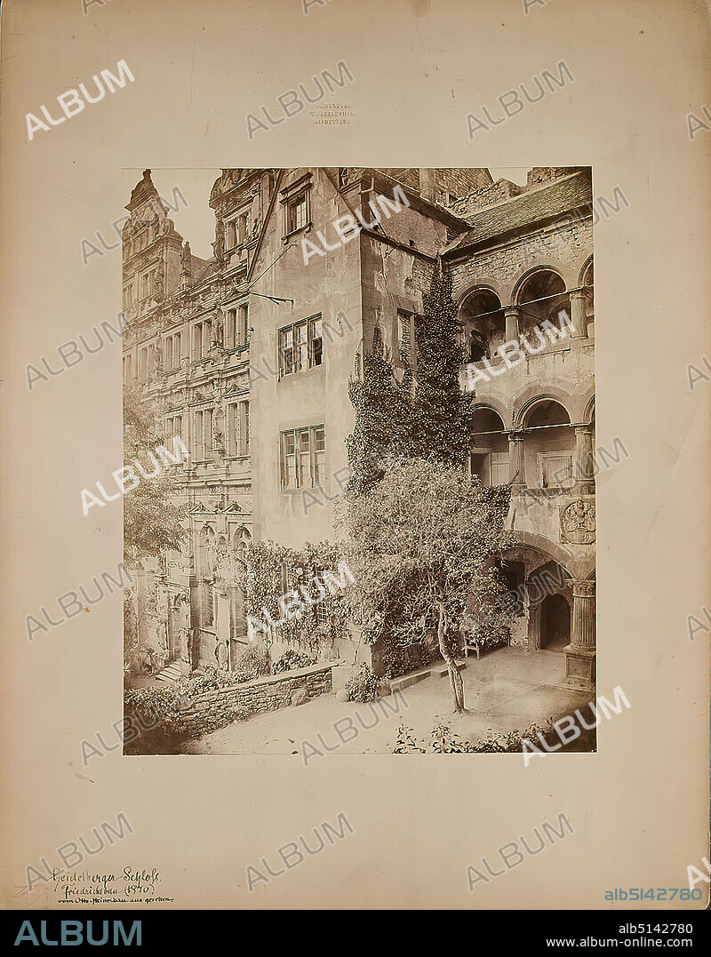 Georg Maria Eckert, Verlag von Fr. Bassermann, Heidelberg Castle, Friedrichsbau seen from the Ottheinrichsbau, albumin paper, black and white positive process, image size: height: 26.10 cm; width: 21.00 cm, inscribed, dated and numbered: Cardboard recto and left: handwritten with black ink: Heidelberg Castle. Friedrichsbau. (1870) seen from Otto-Heinr.bau. and with lead: III. 7, dry stamp: cardboard recto or center: VERLAG VON FR. BASSERMANN HEIDELBERG, architectural photography, facade decorations (architecture), castle, palace, trees, shrubs, coats of arms (insignia), Heidelberg.