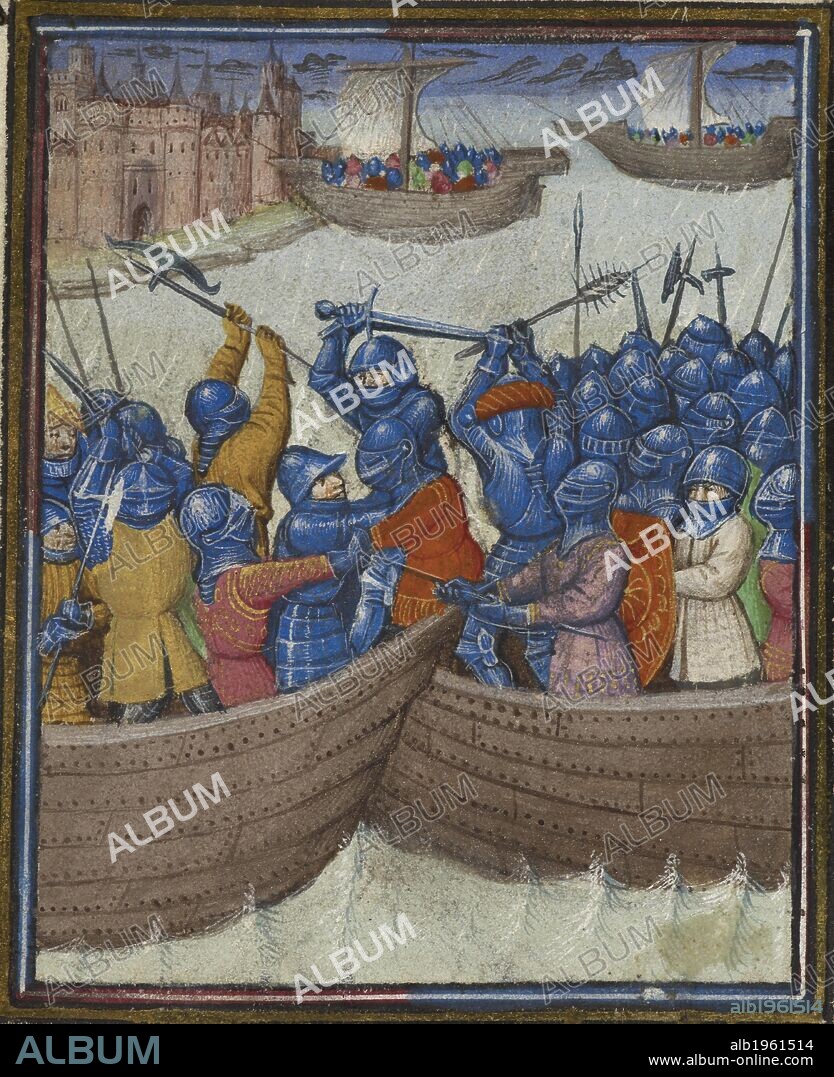 Miniature depicting a battle scene at sea, decorated initial 'L'(istoire) including heraldic arms and foliate borders. Roman de MÃ©lusine. France, N. (Amiens). c.1450. Medieval work Attributed to the quy Master. Source: Harley 4418, f.80v. Language: French.