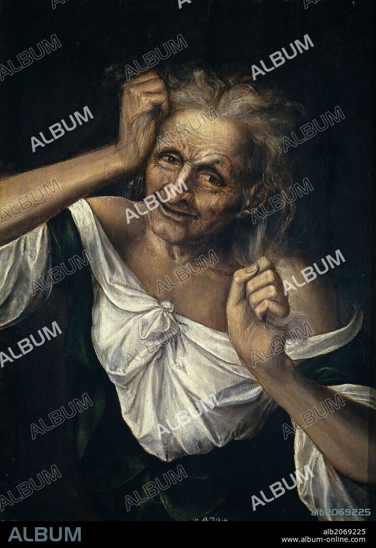 QUENTIN MASSYS (atribuido). Quentin Massys (Atribuido a) / 'Vieja mesándose los cabellos', Hacia 1527, Escuela Flamenca, Óleo sobre Tabla, 55 cm x 40 cm, P03074.