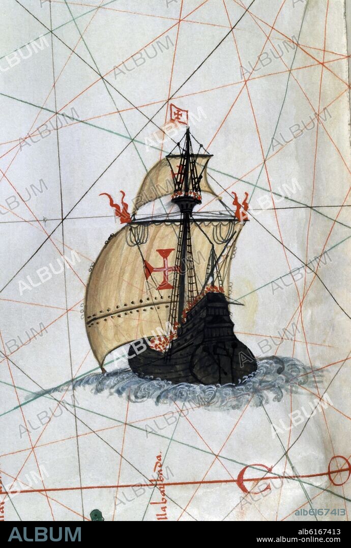 FERNAO VAZ DOURADO (1520-1580). MAP No.11 - PORT ATLAS 1568 - NEW ETHIOPIA, DISCOVERED BY MAGALLANES - DETAIL OF THE BOAT.