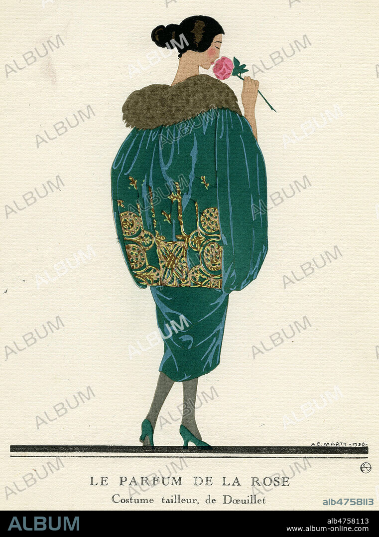 'Le parfum de la rose, costume tailleur de Doeuillet'. Illustration par A.E. MARTY (1882-1974) tiree de la Gazette du Bon Ton n°10 novembre 1920, pl 76. ADAGP. Credit : Collection IM/KHARBINE-TAPABOR.