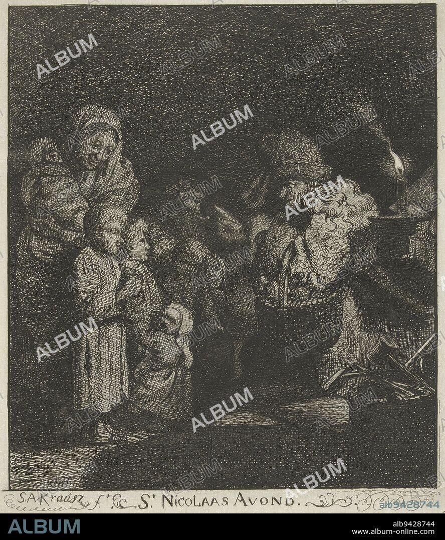 St. Nicholas Eve, Simon Andreas Krausz, 1770 - 1825, In front of St. Nicholas - adorned with a bonnet and carrying a basket of items on his arm - a group of children have gathered. Behind the children are a man and a woman with a baby. Saint Nicholas is speaking to the children while being illuminated by a glowing candle., print maker: Simon Andreas Krausz, (mentioned on object), The Hague, 1770 - 1825, paper, etching, h 224 mm × w 201 mm.