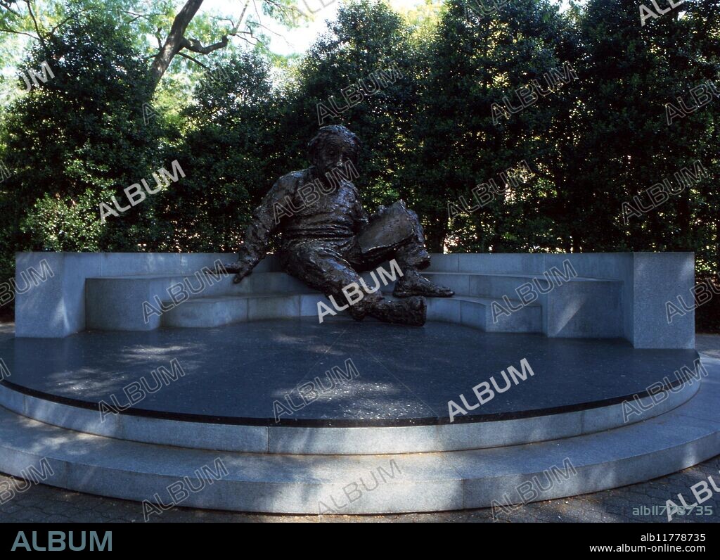 Washington DC - The Albert Einstein statue (by Robert Berks) in the gardens of the National Academy of Sciences. The marble base on which Einstein rests his feet is a star-studded horoscope for the moment of foundation at noon 22nd April 1979.
