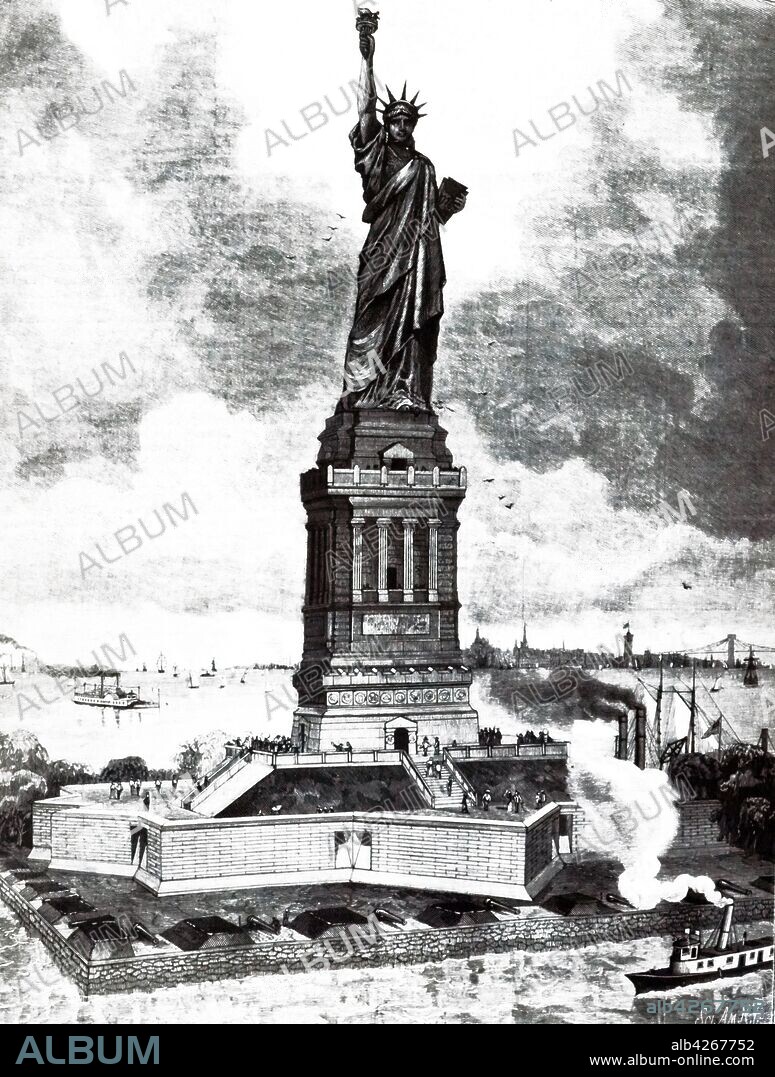 An engraving depicting the Statue Of Liberty in New York, designed by French sculptor Frederic Auguste Bartholdi and built by Gustave Eiffel. The statue was dedicated to America on October 28, 1886. Dated 19th century.