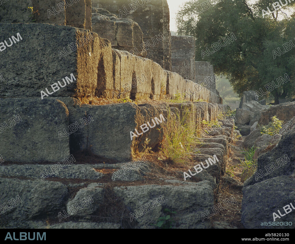 Temple of Zeus, Olympia. Detail of the krepis, the steps leading up to the Doric peripteros with 6 x 13 columns. (470-456 BCE).