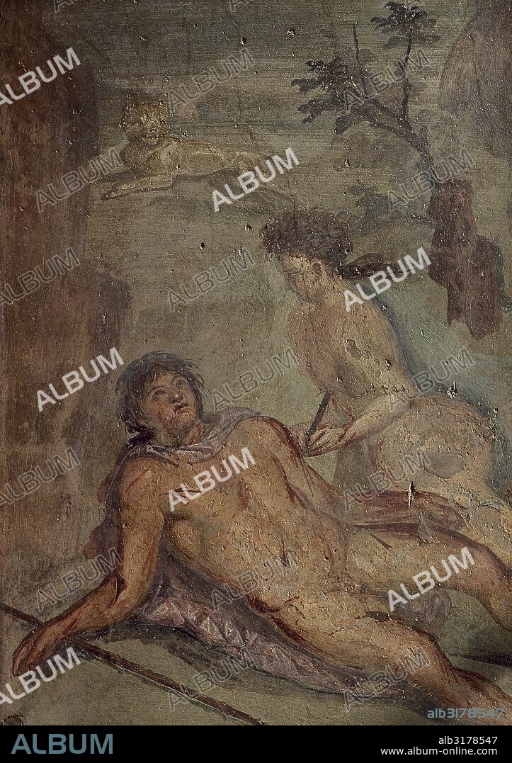 Pintura romana donde se representa la historia de "TISBE Y PIRAMO". Tisbe, bella joven de Babilonia fue amada por Píramo. Al morir su amante, desesperada se suicidó. El fresco que lleva la firma de su autor, un tal "Lucius" decoraba una fuente templete de la Casa de Loreio Tiburtino. POMPEYA. La Campania. Italia.