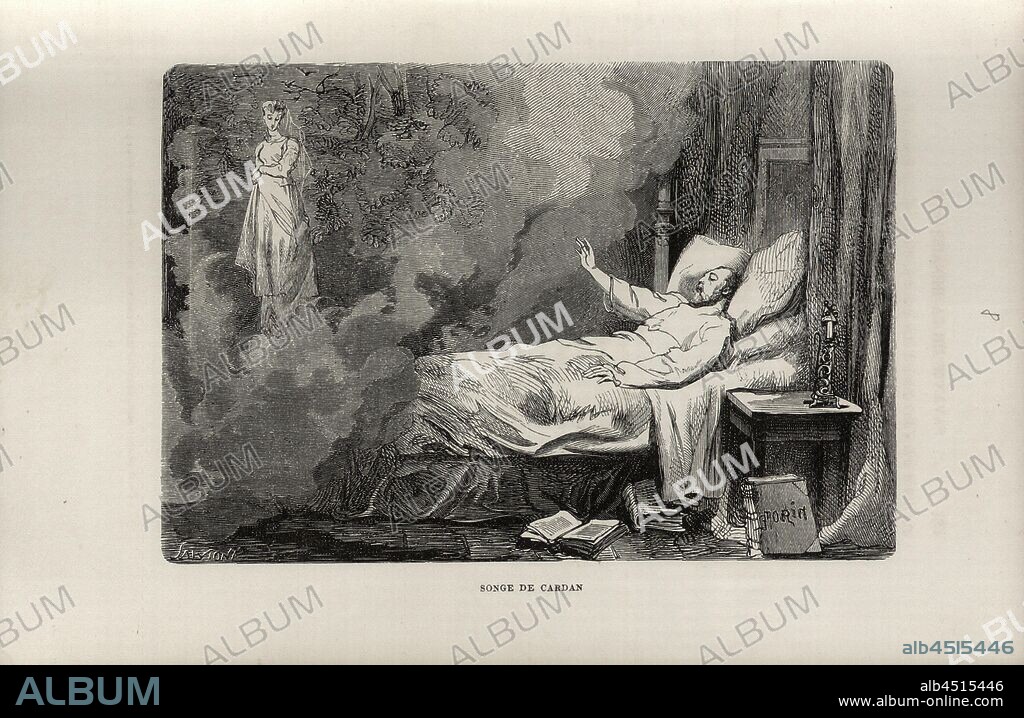 Cardan's dream, The dream of Gerolamo Cardano, signed: Morin, Fig. 8, after p. 136, p. 165, Morin, M. E., 1868, Louis Figuier: Savants de la renaissance: Paracelse, Ramus, Jérome Cardan, Bernard Palissy, George Agricola, Conrad Gesner, Rondelet, André Vésale, Ambroise Paré, Kopernik, Tycho Brahé, Vasco de Gama, Magellan. Paris: librairie internationale, 1868.